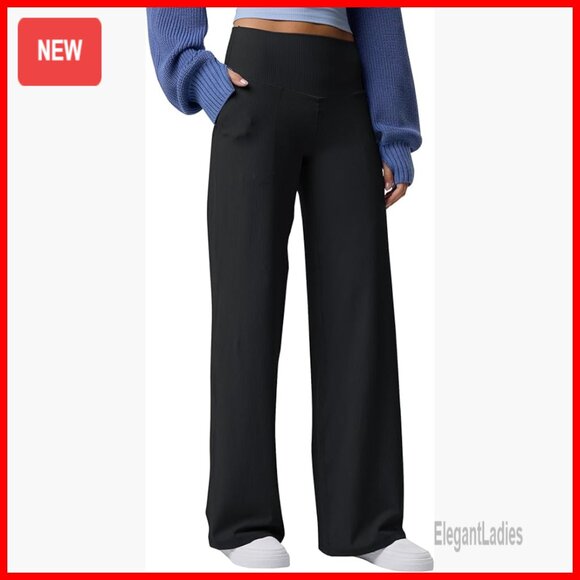 Pants - High Waist Ribbed Flare Leggings, Wide Leg Yoga Pants, Active Wear